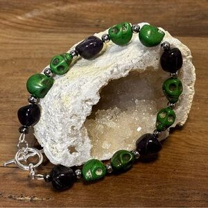 Halloween Bracelet, green calcite skulls and amethyst